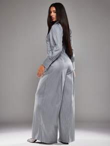 NYA SZN Jumpsuit Long Sleeve Wide Leg Baggy Button Up Collar Tie Detail Grey Black Festive Holiday Valentines Day Business Casual Office Siren Event Party Special Occasion Carnival Outfits For Women - Grey - View 2