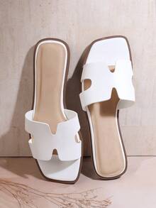 SHUZIA Damen Schuhe mit quadratischer Zehenkappe, offene Zehenpartie, H-förmige weiße PU-Leder Damen Mode Flache Sandalen