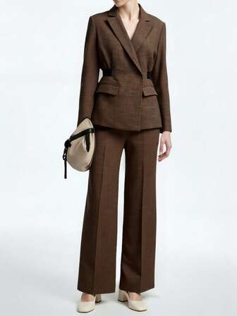 Aalyst Kadın Fransız Şık Lüks Noel Partisi Minimalist Üst Düzey Günlük Tatil İş Giyim Vintage Ekose Çentikli Yaka Kruvaze Cepli Elastik Bel Astarlı Omuz Dolgulu Blazer ve Pantolon Takım Elbise, İlkbahar/Sonbahar/Kış