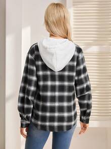 SHEIN 孕妇格子长袖连帽纽扣抽绳休闲衬衫 - 彩色 - 查看 2