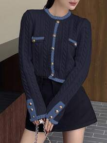 DAZY Women's Elegant Contrast Trim Button Knit Sweater, Autumn - Navy Blue - View 5