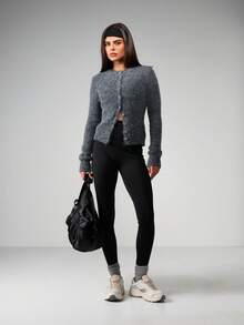 MISSGUIDED Long Sleeve Button Front Cardigan With Fuzzy Knit Texture And Cropped Length For Fall Winter Layering - Grey - View 4