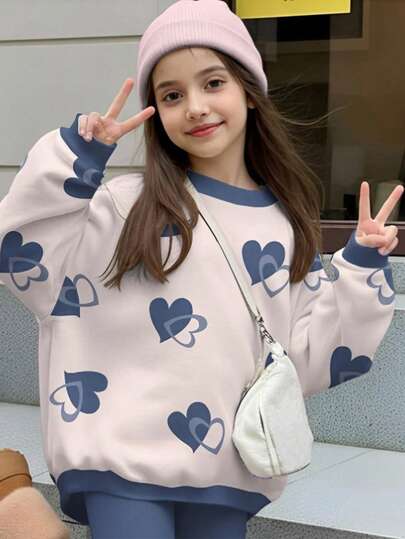 SHEIN Leap Crew Teen Girls Casual Loose Fit Thermal Lined Long Sleeve Crew Neck Sweatshirt, Suitable For Autumn/Winter, Classic Cool Cute Beautiful Heart Pattern Print