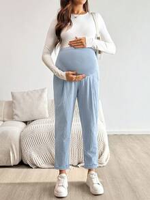 SHEIN Pregnant Women's Solid Color Pleated Pocket Fashion Pants Maternity Pants  Summer Clothes Comfy Maternity Pants Cotton Maternity Clothes Maternity Cotton Pants Pregnancy Pants - Blue - View 5