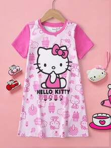HELLO KITTY AND FRIENDS | SHEIN 少女卡通猫印花撞色甜美睡衣 - 粉色 - 查看 1