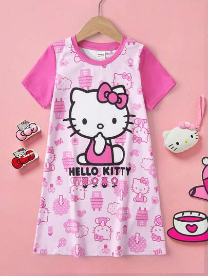HELLO KITTY AND FRIENDS | SHEIN Ung flicka tecknad katt tryck kontrastfärg söt sömnklänning