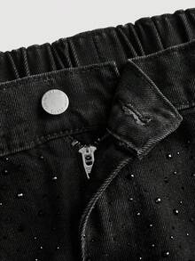 SHEIN CURVE+ Jeans für Damen in Große Größen, vielseitig einsetzbar mit Knopftaschen und Skinny Fit, Jeans in Große Größen mit schwarzen Strass-Steinen, schwarze Strass-Jeans in Große Größen mit Tapered Fit für Damen, Jeans mit funkelnder elastischer Taille, Weihnachtsparty-Jeans für Damen in Große Größen, elegante Strass-Jeans für den Winter, Jeans in Große Größen, elegante Mom-Jeans, Partyjeans, lässige Arbeitsjeans, Hosen für Herbst/Winter, glänzend verzierte Jeans - Schwarz - Übersicht 3