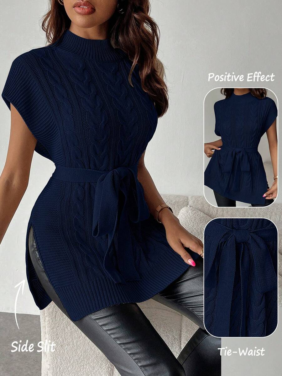 EMERY ROSE Stand Collar Split Tie Knot Casual Versatile Short Sleeve Sweater Vest - Navy Blue - View 1