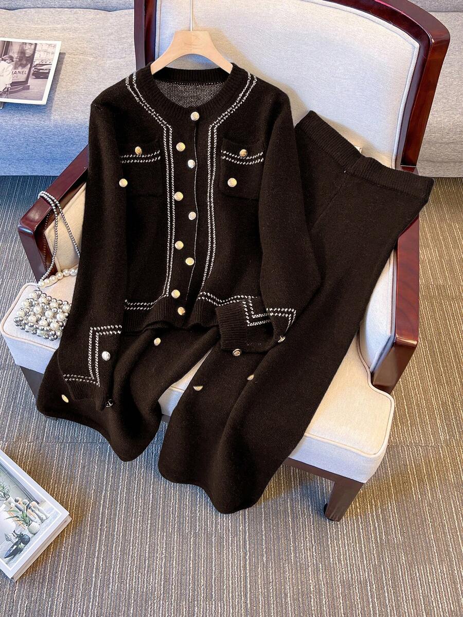 SHEIN Franclia Women's Fashion Casual Knit Sweater & Pants 2 Pieces Set - Brown - View 1