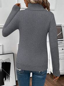 EMERY ROSE Áo len cổ lọ dáng ôm màu trơn đơn giản dành cho nữ, Thu/Đông - Màu xám đen - Xem 2