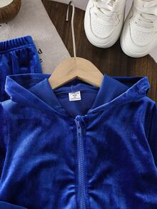 SHEIN 2pcs Young Girls Casual Solid Color Jacket & Pants Set - Blue - View 3