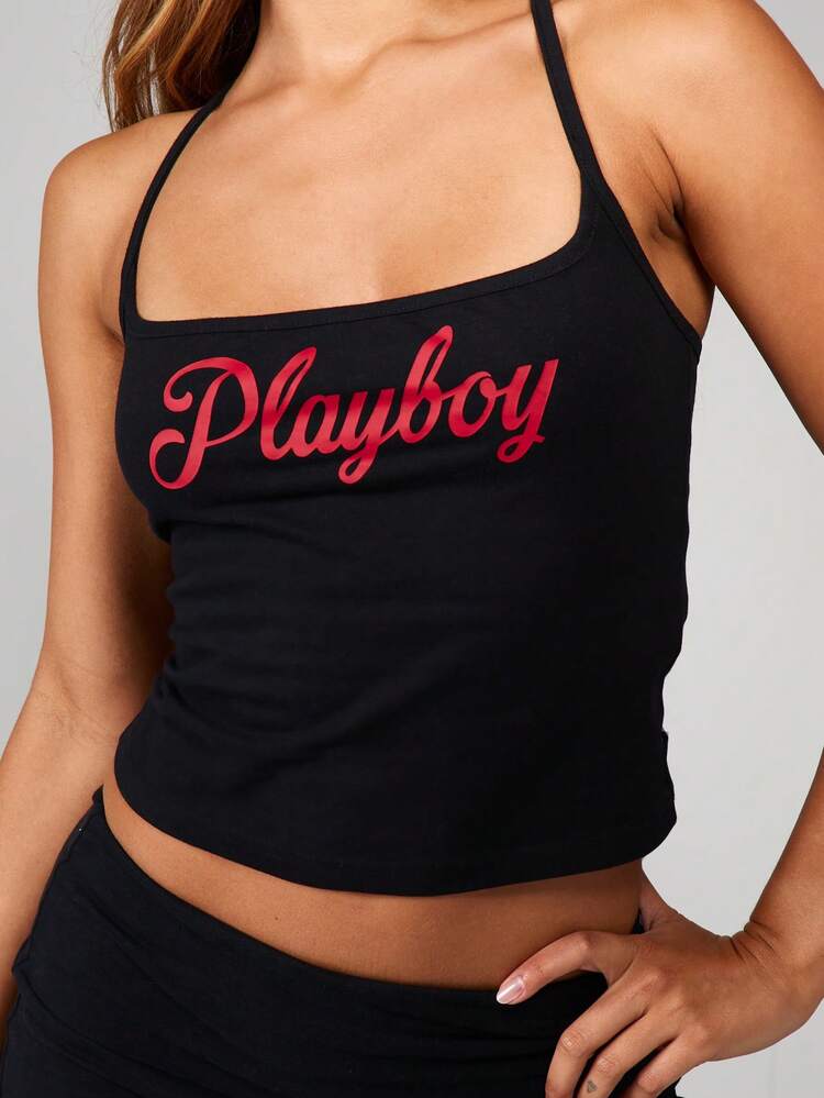 Missguided x Playboy Square Neck Cross Strap Camisole Top With Script Text Print Sleeveless Summer Festival Crop Tank