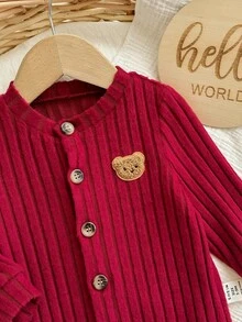 1件装新生儿可爱百搭休闲连体衣，红色小图案防滑条纹面料，舒适休闲，百搭时尚，适合日常穿着，室内外皆宜，可用于日常生活、运动、玩耍、聚会、拍照、度假和节日等场合，春、夏、秋、冬四季皆可穿着。 - 酒紅色 - 查看 4