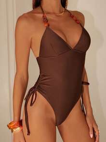 Swim Chiccia 女士棕色V领串珠度假连体泳衣 2026夏季女装沙滩装优雅休闲夏季度假装棕色泳衣女士棕色全包臀泳装休闲泳衣 - 彩色 - 查看 3