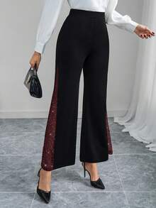 SHEIN Clasi 女士优雅网纱亮片拼接黑色修身直筒阔腿裤，适合通勤、日常休闲穿着，春夏款 - 彩色 - 查看 7