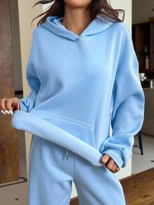Muchica 2pcs/Set Light Blue Casual Thermal Lined Hooded Sweatshirt And Pants Set For Women, Autumn Winter
