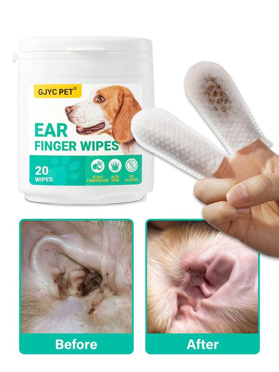 PETSIN 犬猫耳部清洁指套湿巾 - 20片装，宠物指套式耳垫，温和去除耳垢和污垢，易握设计，有效护理耳部