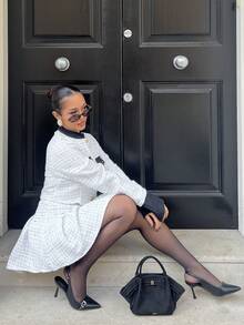 NegzBox 2pcs/Set Vintage Tweed Contrast Color Splicing Long Sleeve Top And Pleated Skirt Regular Suit For Women, Spring/Autumn/Winter Fall Cloth For Women - Black and White - View 5