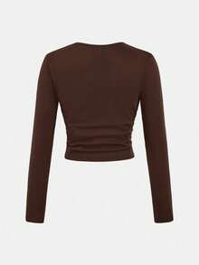 SHEIN Tween Girl Casual Brown Round Neck Letter Print Ruched Long Sleeve Fitted Knit Top And Flare Pants Set, Suitable For Home And Outings, Flare Pants Set, Mommy And Me Matching Outfits, Casual Two Piece Set, 2 Piece Pants Set - Brown - View 10