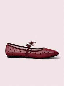 CUCCOO DOLLMOD Women's Fashionable & Elegant Heart Mesh Bow Decor Flats, Suitable For Commuting For Christmas Spring Shoes - Burgundy - View 3