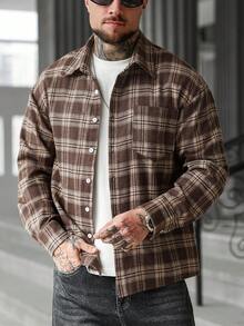 EGENSIO 男士格子长袖单排扣休闲口袋衬衫 - 棕色 - 查看 5