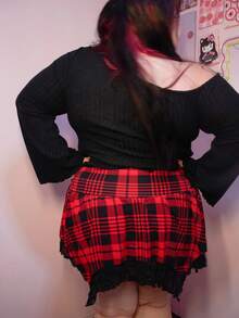 Enliva Váy kẻ caro cạp cao nhún bèo viền bất đối xứng cỡ lớn, Y2K, Punk, phong cách lễ hội âm nhạc - Nhiều màu - Xem 2