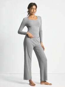 Ocili Bộ đồ mặc nhà kiểu Bohemian màu trơn, cổ tròn, tay dài, ôm sát, chất liệu vải dệt kim đã qua xử lý, gồm áo và quần, thích hợp cho mùa đông. - màu đen - Xem 4
