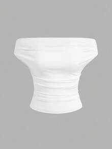 SHEIN EZwear Bộ 2 áo trễ vai bèo nhún màu trơn, trang phục mùa hè mới, dễ phối đồ, màu hồng và trắng. - Nhiều màu - Xem 8