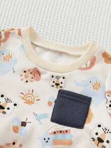 Cozy Pixies مجموعة بلوزة كنزة طويلة الأكمام بطباعة حيوانات كرتونية ناعمة وبنطلون بخصر مطاطي لطفل ولد، قطعتان - متعدد الألوان - مشاهدة 9