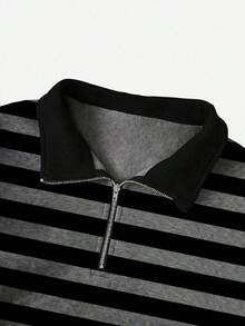 少女拉链半开襟落肩长袖休闲条纹宽松卫衣 - 彩色 - 查看 3