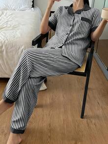 SHEIN 泡泡褶皱撞色短袖长裤女士睡衣套装 - 黑與白 - 查看 4