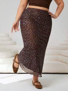 Solflare 2026新款休闲碎花高弹力网纱半身裙，适合外出、日常休闲、派对、通勤、返校、约会、居家、生日派对等多种场合，卡其色底，蓝色碎花图案，大码尺码 - 藍白色 - 查看 7