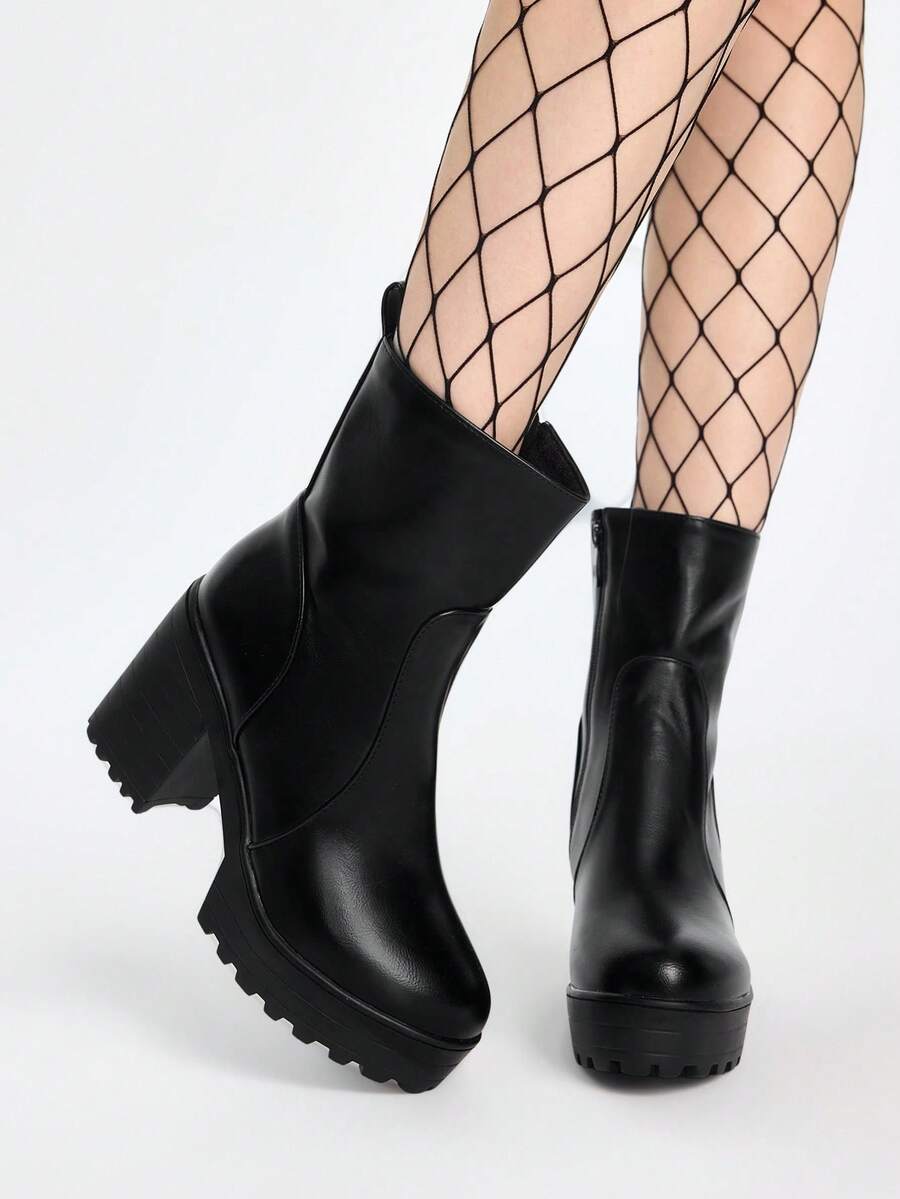 ROMWE Grunge Punk Fall/Winter Minimalist Chunky Classic Boots, Ideal With Pants Women's Black Fashion Boots Match With Leggings,Boots For Women - Black - View 1