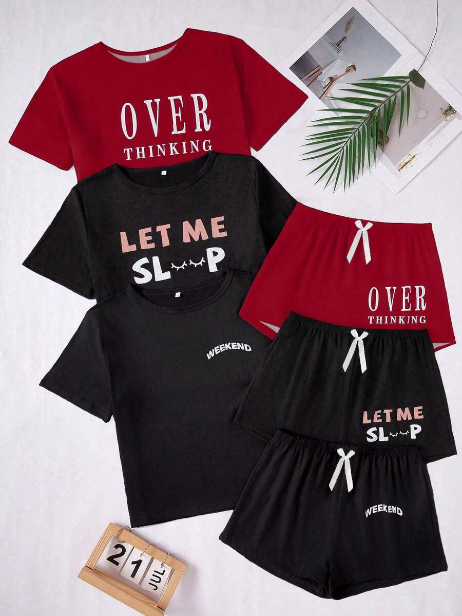 三件套字母印花休闲短袖T恤和短裤套装 - 彩色 - 查看 1