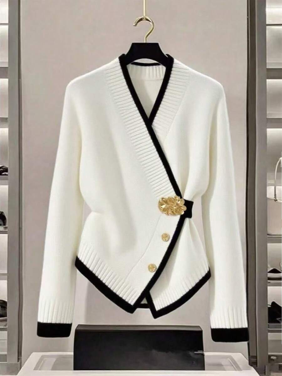GlowEve Nuevo suéter blanco de mujer para otoño/invierno, cárdigan con cierre asimétrico de botón metálico, cárdigan de punto con bloqueo de color de estilo versátil para ir al trabajo - Multicolor - Ver 1