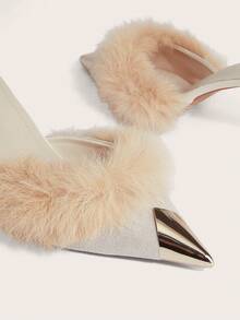 Enchnt Women Mules Heels Fluffy Decor Pointed Toe Slip On Backless Slides, Fashion Casual Mules For Fall/Winter,Sexy,Women Pumps - Beige - View 2