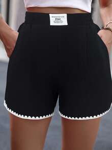 SHEIN LUNE 女士休闲刺绣口袋短裤，春夏款 - 黑色 - 查看 1