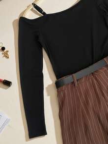 Franclia Women's Autumn Elegant Office Two-Piece Suit,Black Knitted Slim Fit Long-Sleeved Top & Brown Black And White Striped Wide-Leg Pants With Belt Set - Multicolor - View 2