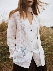Florisole Áo khoác blazer nữ thêu ren phong cách Bohemian thường ngày có cà vạt đính cườm, phù hợp cho mùa xuân, hè, thu - Màu be - Xem 1