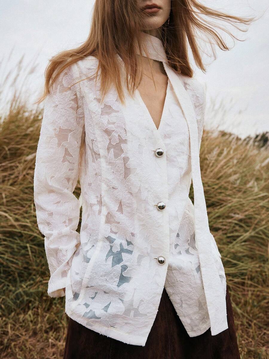 Florisole Áo khoác blazer nữ thêu ren phong cách Bohemian thường ngày có cà vạt đính cườm, phù hợp cho mùa xuân, hè, thu - Màu be - Xem 1