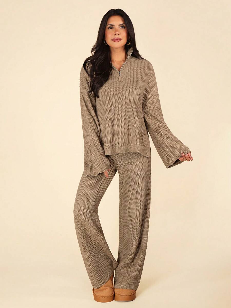 Coeurva 2pcs Women Casual Khaki Zip-Up Drop Shoulder Sweater And Knit Pants Set, Autumn/Winter,Fall - Khaki - View 1