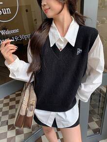 K-Vae Áo vest len nữ, màu đen, cổ chữ V, kiểu dáng preppy, thường ngày, dễ thương, áo len cho nữ. - màu đen - Xem 5