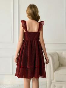 Tween Girls' Elegant, Classy, Burgundy Sleeveless V-Neck Ruffle Hem Dress With Metallic Threads, Waist Cinched Design, & Luxurious - Burgundy - View 2