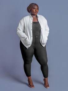 CurvyTilda Chaqueta casual holgada de un solo pecho de manga larga con hombros caídos de unicolor para mujer de talla grande, para otoño/invierno - Blanco - Ver 4