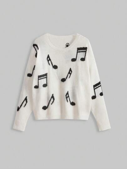 pull pour femmes avec motif tricoté intarsia de notes de musique sur tout le vêtement