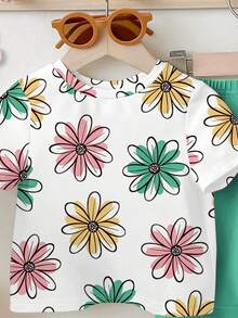 SHEIN 1 Bộ đồ bé gái áo thun cổ tròn tay ngắn in hoa thường ngày và quần ống loe, màu xanh lá cây - Nhiều màu - Xem 5