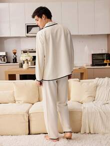 CoupledUp 男士撞色滚边泡泡纹理长袖家居服套装，冬季服装 - 杏色 - 查看 6