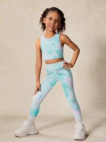 SHEIN 2件套女童扎染印花弹力吊带背心和运动裤瑜伽服，配套套装，返校季 - 彩色 - 查看 4