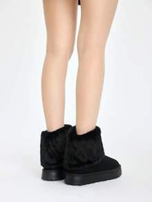 ROMWE Grunge Punk 2025 新款女式雪地靴，厚底厚底短靴，保暖内衬，休闲保暖平底中跟舒适防滑中筒靴，毛绒领口一脚蹬时尚高端，尺码偏大 - 黑色 - 查看 5