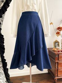 Vintamour Falda vaquera asimétrica con volantes en el bajo, para uso casual, laboral y de tránsito, sin cinturón incluido - Azul lavado oscuro - Ver 4